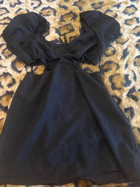 Divided Black Puff Sleeve Cutout Mini Dress